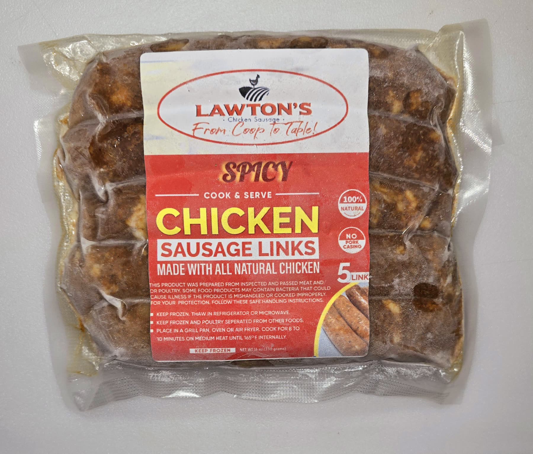 A pack of Lawton's spicy chicken sausage links