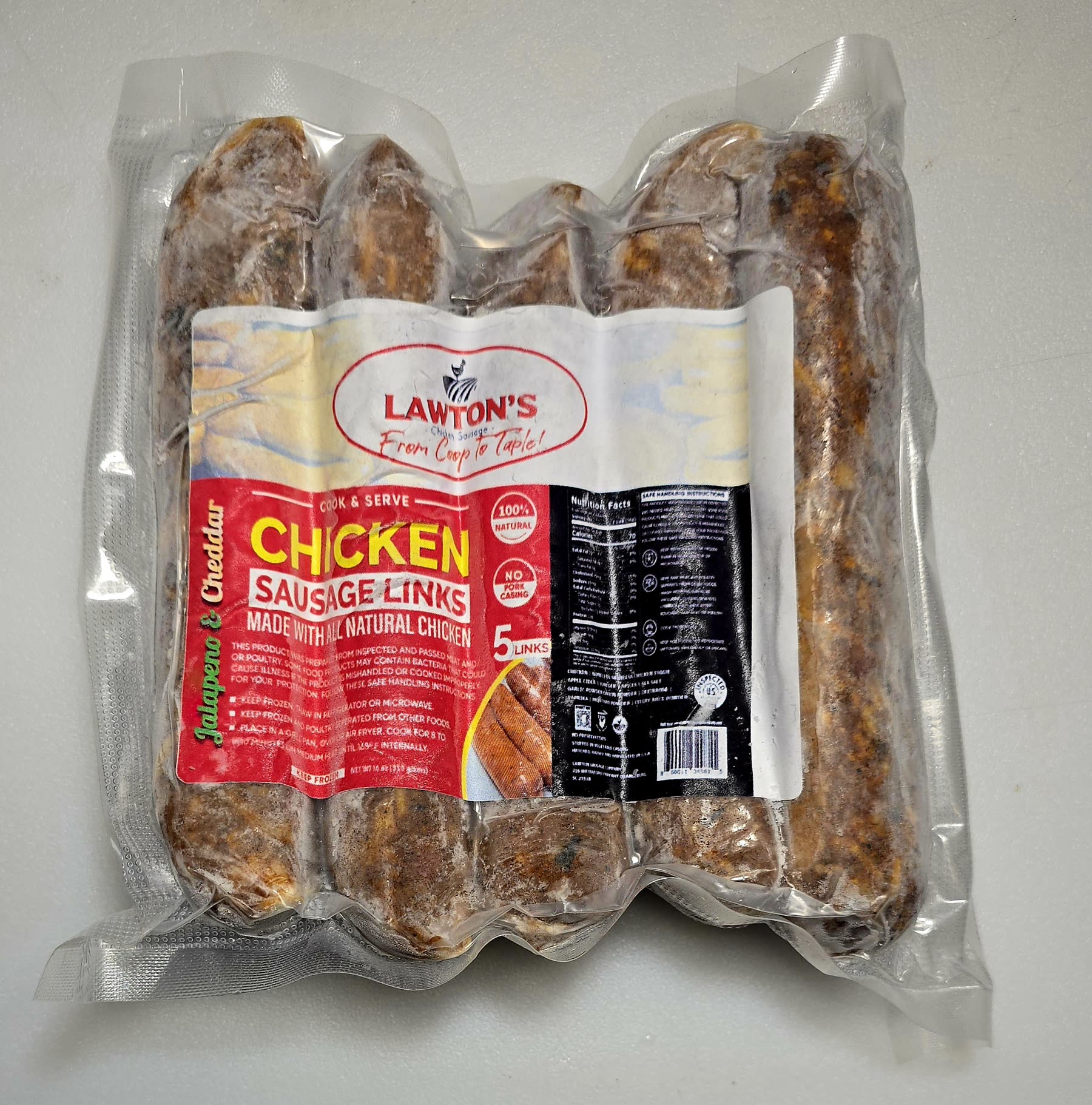 A pack of Lawton's jalapeño and cheddar chicken sausage links